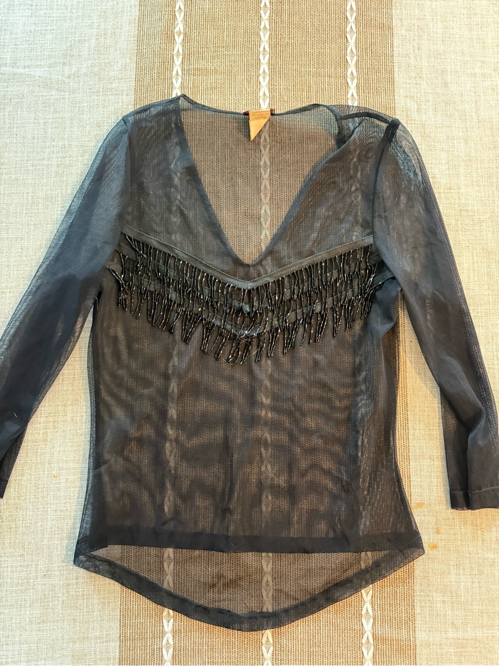Black Sheer Beaded Fringe V-Neck Blouse
